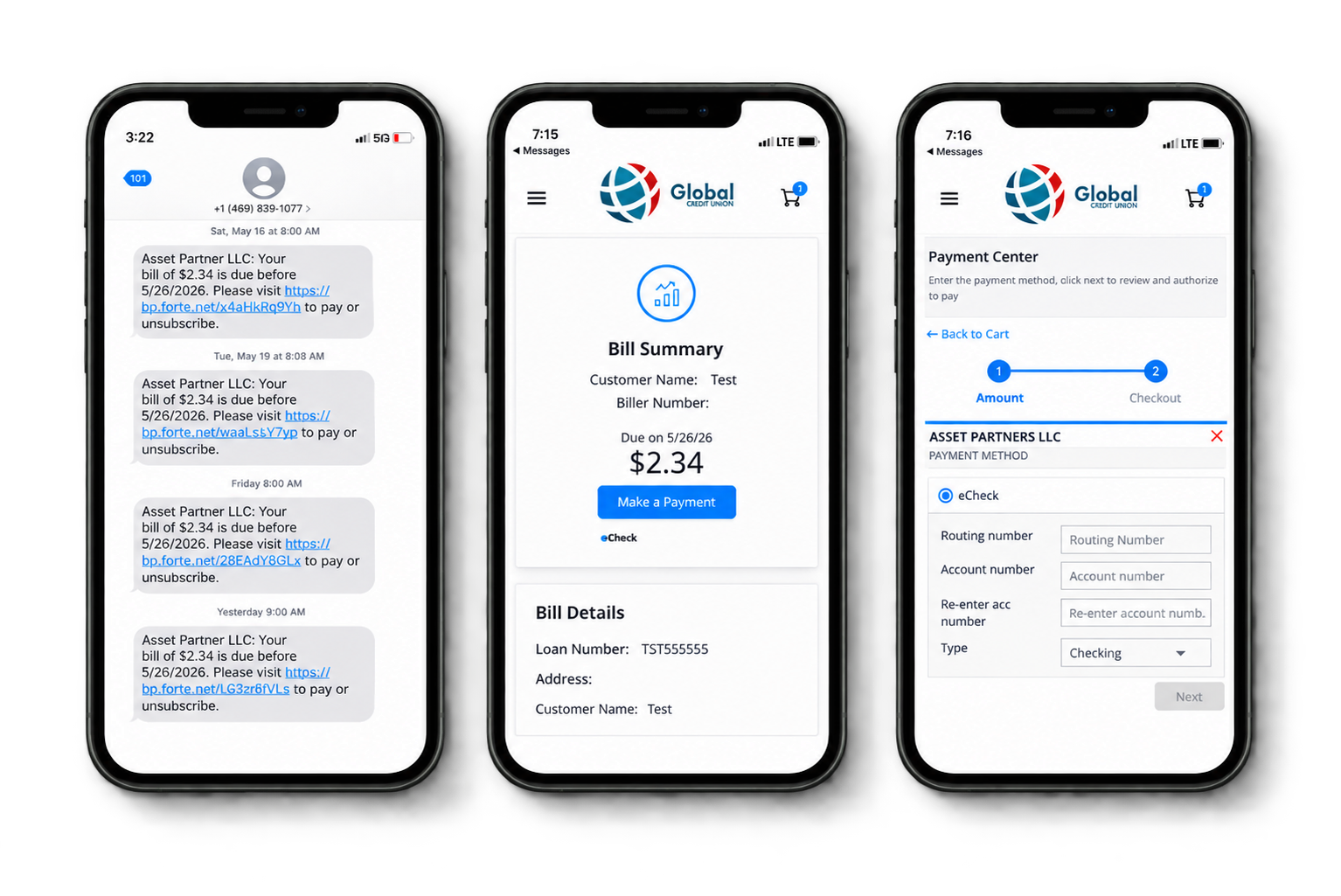 Loan servicing text reminders and mobile payment screens